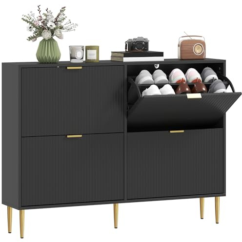 HOMCOM Narrow Shoe Cabinet with 4 Flip Drawers, Modern Slim Shoe Storage Cabinet with Fluted Doors and Adjustable Shelves for Hallway, Holds 10-20 Pairs, Black