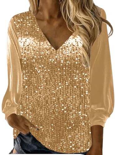 Hauts festifs Femme Chemise à Manches Longues Paillettes Décontractée Paillettes Blouses T-shirt Sexy Col en V Tunique Tops Velours Doré Pull Festif Couleur Unie T-shirt Long T-shirt Oversize