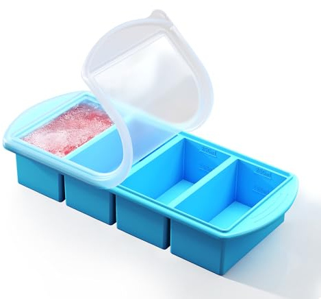 QUELIEN Blaues Silikon Gefriertablett mit Deckel – 1-Cup Portionsform für Suppe, Brühe & Aufläufe – stapelbare BPA-freie Silikonbehälter für gesunde Vorratshaltung & Meal Prep