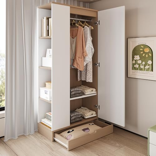 Terahanda Armadio 70 x 40 x 170 cm, versione singola con ripiani e cassetti (colore legno naturale + bianco)