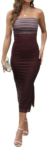Maeau Women's Mesh Floral Bodycon Dress Sexy Strapless Midi Dresses Slit Tube Top Dress Printed Casual Long Dresses S-L
