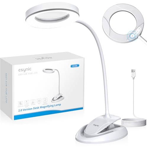 eSynic Desk Magnifying Glass with 40 Eye-Care LED Light 5X 10X Magnifier Lamp Tabletop & Clamp Style with Heavy Base| Smooth Dimming| Warm Cold Light| Adjustable Goose Neck for Hobbies Reading Craft