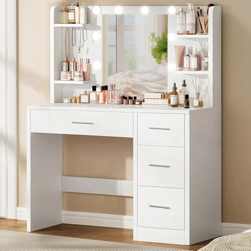 TEENFON Dressing Table, Vanity Desk with Mirror and Lights, Vanity table with 4 Drawers, 4 Storage Shelves, 5 Jewelry Hooks for Bedroom, White