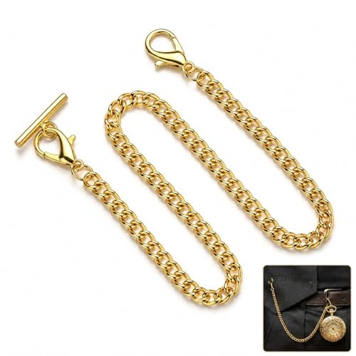 14 Inch Gold Plated Al-bert Pocket Watch Chain T Bar Lobster Clasps for Men | Durable polished metal,classic single link,secure fastening,suits formal casual wear,ideal for waistcoats&vintage styling
