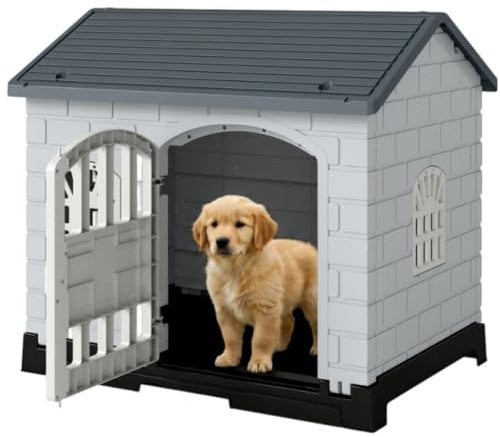 Maxmass Plastic Dog House, Waterproof Pet Shelter with Sloped Roof, Lockable Door, Windows, Removable Toilet Tray, Indoor Outdoor Pet Kneel Cage Crate for Dogs Cats Puppy Rabbits (Grey)