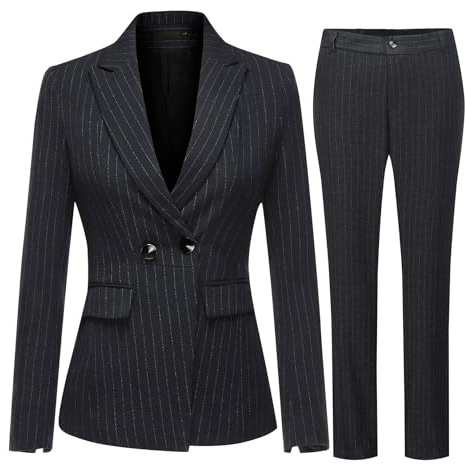 YUNCLOS Women's 2 Piece Office Lady Stripes Business Suit Set Slim Fit Blazer Jacket Pant, Suit Set-Grey, Medium