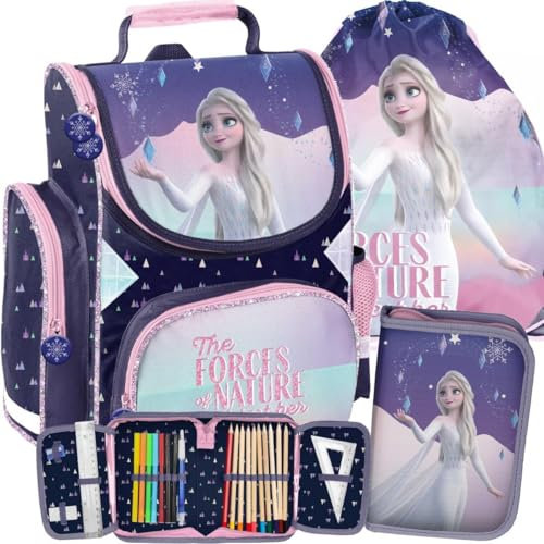 Eiskönigin Frozen Anna ELSA Schulranzenfür Mädchen 1 Klasse Tornister Schulrucksack Schultasche Set 4 TLG. inkl. Sportbeutel, Handtasche in Herzform, Federmäppchen