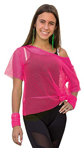 Oblique Unique T-shirt en maille filet pour femme - Haut des années 80 - Costume de fête à thème - Taille 38-42 - Vert fluo - Rose fluo - Couleur au choix (rose fluo)