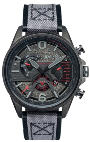 AVI-8 Herren 44mm Hawker Harrier II Dual Retrograde Chronograph Stealth Black Japanische Quarz-Fliegeruhr mit Lederarmband AV-4056-05