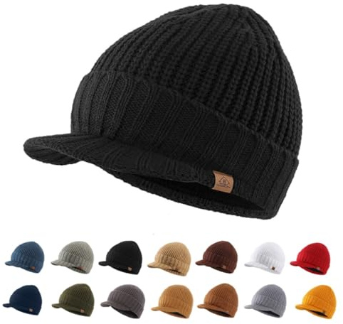 Magracy Men's Winter Knit Visor Hat Outdoor Thick Peaked Beanie Hat Black