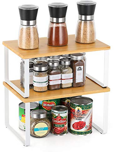 UOMIO Küchenregal Stehend 2er Set Gewürzregal Organizer aus Bambus 2 Stapelbar Küchen Regaleinsatz für Schrank Küchenschrankordnungssysteme