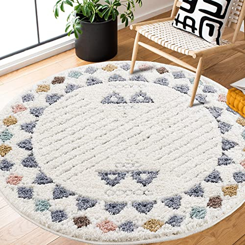 payé Teppich Rund - Hochflor - 200x200cm - Ethno - Skandinavisch - Pastell Cream Multi - Modern Raute Muster - Flauschig - Wohnteppich Schlafzimmer Dekoration