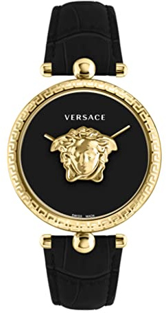 Versace Palazzo Empire Women's Watch, 39mm Gold Tone Case, Black Enamel Dial, Black Leather Strap, Swiss Quartz Movement, 5 ATM Water Resistant