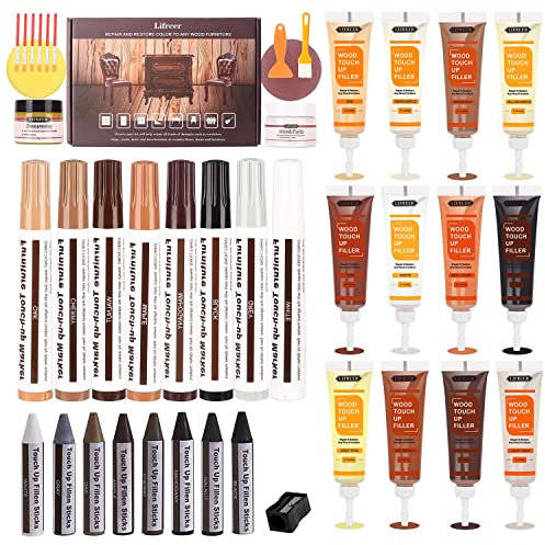 KMEIVOL Laminate Floor Repair Kit - Set of 42 - Wood Fillers, Touch Up Markers, Crayon with Wood Putty - Repair Scratch, Cracks, Hole, Wooden Door, Floor, Table, Cabinet