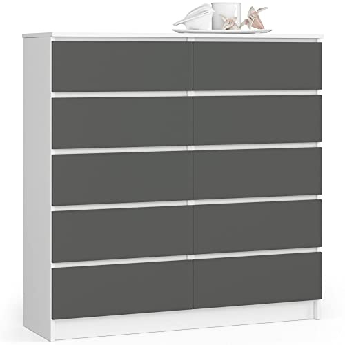 AKORD Kommode K 120 cm | 10 Schubladen | für Wohnzimmer Schlafzimmer Schrank Wohnzimmer | Modernes Funktionelles Design | 16mm Schichtstoffplatte | Farbe Weiß-Graphitgrau