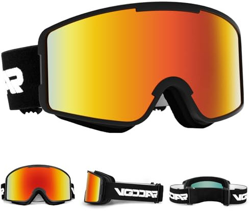 Vgooar Skibrille, OTG Zylindrischen Linse Skibrille mit Verstellbaren Langen Trägern, 100% UV-Schutz Anti-Beschlag Schneebrille für Herren und Damen