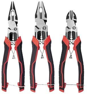 Zangenset, 9-in-1 Multifunktionale Elektrikerzangen, 225mm Spitzzange, 220mm Lineman’s Zange, 200mm Diagonalzange