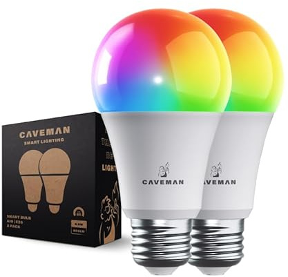 Caveman Matter & WiFi A19 Smart LED Light Bulb, RGBW Color Changing, Tunable Warm & Cool White 800LM (60W Equivalent) – Alexa, Google Home, Apple Home Bulb (2pk)