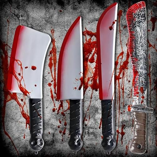 Qintora 4 Pezzi Machete Halloween con Sangue Finto,Coltello insanguinato,Coltello plastica Halloween,Halloween Decorazioni,Accessorio per Costume,Carnevale, Festa a Tema, Cosplay