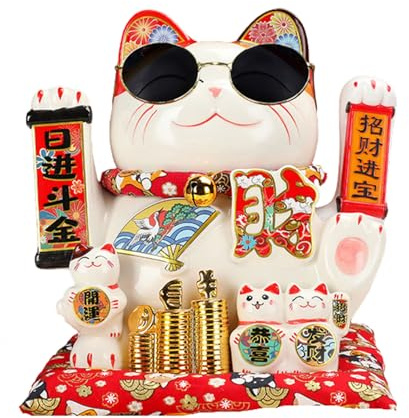 Stoolzfaid Gato de la Suerte Adornos,Gato de La Suerte de Cerámica,Decoración de Gato de la Fortuna,Gato de la Suerte Chino,con Brazo Que Agita,Alimentado por batería,para Atraer Riqueza Apertura