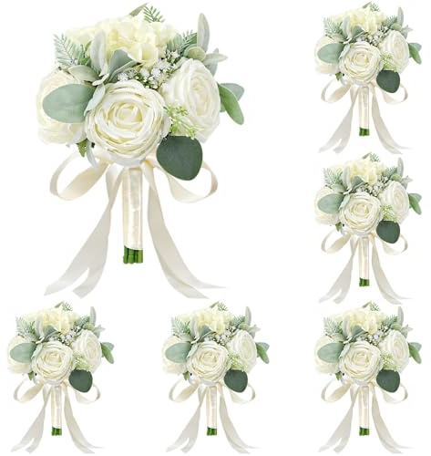 HOMENERGY Set of 6 Bridesmaid Bouquets for Wedding - Silk Artificial Ivory Bridesmaid Flowers, Pre-Made Roses Sage Green Boho Bridal Floral for Bride Party Ceremony Anniversary Decoration - 9inch