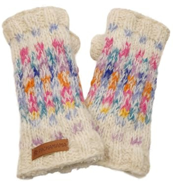 Pachamama kvinnor mjuk ull mohair hand handledsvärmare sherpa fleece fodrad handstickad rutigt pastell flerfärgad en storlek handgjord tumhål termisk extra varm rättvis handel, havregryn, en storlek