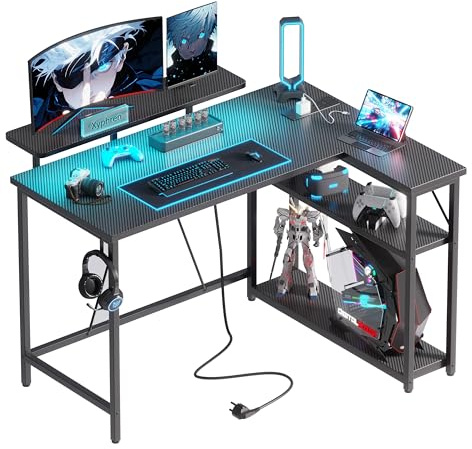 Xyphren L Shaped Gaming Desk with RGB LED Lights & Power Outlets, 100 cm Corner Computer Desk with Adjustable Shelves, Small Office Desk for Study Workstation, Carbon Black