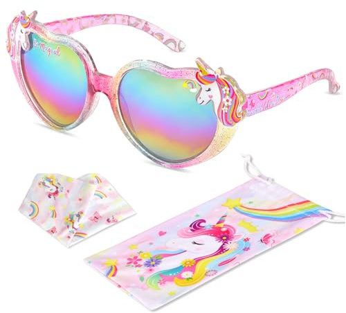 Beipegin Kids Sunglasses Girls,UV Protection Unicorn Heart Toddler Sunglasses with Drawstring Glasses Pouch for Childrens Party Favors Beach Dress up Glasses