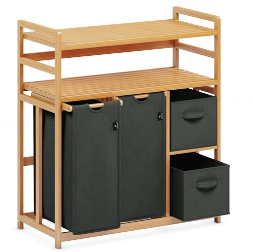 AdelDream Cesto para la colada con 4 compartimentos, 2 estantes, 140 L