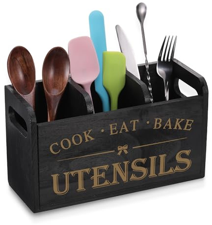 Zocipro Portautensili da Cucina in Legno, Porta Utensili Organizer con 3 Scomparti e Base Drenante, Portautensili per Bancone da Cucina, Nero
