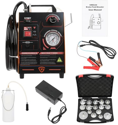 GEARMONSTER Dispositivo di sfiato dei freni per auto, 220 V, per auto, con controllo della pressione, pressione da 0,5 a 2,5 bar, pressione regolabile, con adattatore per cilindro principale