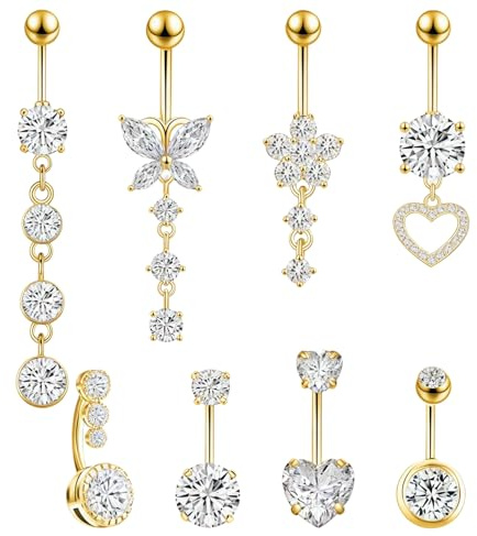 YAWYO, Kit de Piercing Nombril Femme/Jeune Fille, 8 Barres Piercing Nombril Cœur Nœud Papillon Acier Inoxydable (Or)