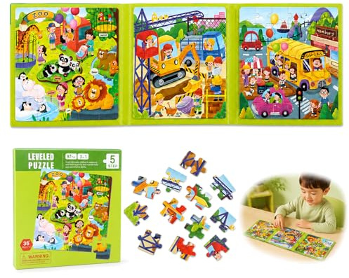 NYVOR Magnet Puzzle 25-30-42 delar Barnpussel från 3–6 år, Aktivitet på flygplan för småbarn, Pedagogiskt resespel Magnetpresent, Lärorik motorik-leksak (Zoologisk trädgård)
