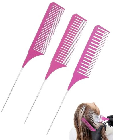 DAFNE 3 taglie pettine per ciocche, pettine a coda, pettine per ciocche colore set pettine pettine con manico parrucchiere set pettine per colorare professionale highlight, Rosso-rosa