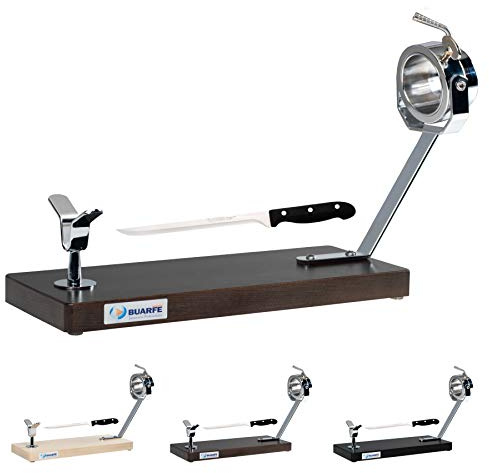 Buarfe Jamonero Jabugo Madera de Haya 47cm Cabezal Giratorio con Cuchillo Jamonero (Tabaco)