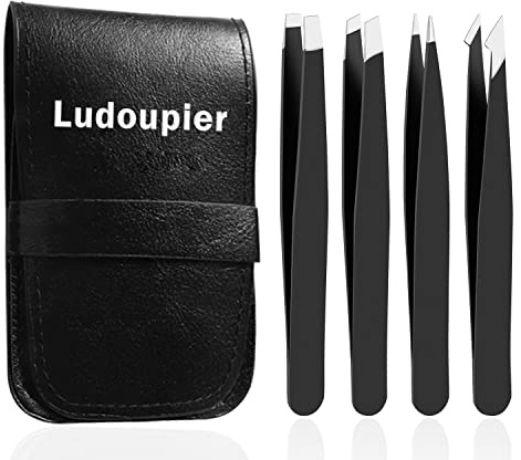 LUDOUPIER [4+1 Pieces] Tweezers Set with Travel Case, Great Precision Upgrade Professional Anti-rust Alloy Tweezers for Women & Men Multi-purpose as Eyebrows Facial Hair Ingrown Hair Removal