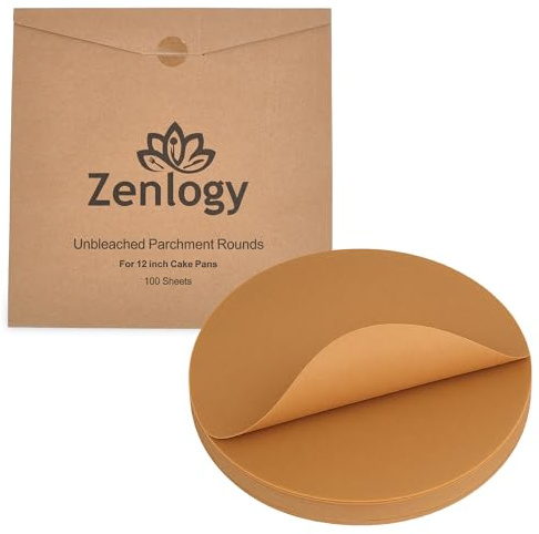 Zenlogy 12 Inch Parchment Paper Rounds (100 Sheets) - Unbleached, Pre-cut, High Heat, Round Liners - Fits 12 inch Round Cake Pans, Pizza Pans, and Air Fryer