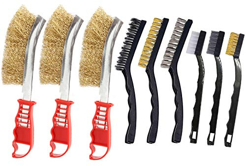 Lot de 9 petites brosses métalliques avec poils en acier inoxydable et laiton et poignée courbée en nylon pour le nettoyage des soudures et de la rouille