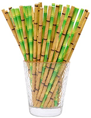 YAOSHENG 100 Pcs 2 colors Biodegradable Green Bamboo Paper Straws for Drinking Juices Shakes Birthday Wedding Party Supplies decorations