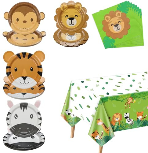 PIXHOTUL 61 piezas de decoraciones de cumpleaños de Safari: los suministros para fiestas temáticas de Safari incluyen platos de papel con forma de animal, mantel de la jungla, servilletas, sirve 20