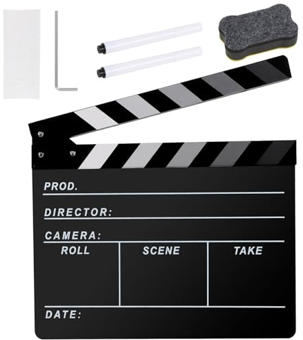 Ribvane Claqueta de directores de cine, pizarra para fotografía, video, escena de acción de corte de TV, accesorios acrílicos con un borrador magnético de pizarra, dos bolígrafos personalizados, paño
