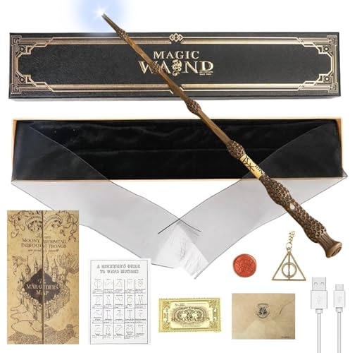 YANGUN Varita mágica resplandeciente, 38 cm, varita mágica Dumbledore con luz, carga USB, varita mágica Dumbledore en caja de regalo, varita mágica para niños con tarjetas de estación, tarjetas de