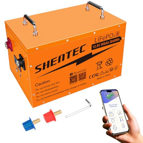 Shentec Batteria al litio LiFePO4 da 12V, 300Ah, con BMS da 200A, 3840W, 15000 ciclo basso, ricaricabile al litio per camper, alimentazione di emergenza, solare e indipendente dalla rete