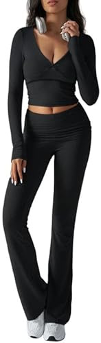 Sukiglam Tuta Donna Casual 2 Pezzi Completo Sportivo Maniche Lunghe Crop Top e Pantaloni a Zampa Tute Scollo a V Slim Fit Lounge Set Elegante per Yoga Palestra Fitness Jogging Outfit Y2K Streetwear