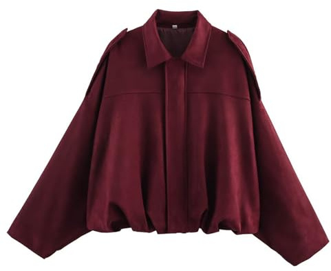 VDDTAGAM Wildlederjacke Damen Kurz – Oversized Bomberjacke aus Kunstwildleder mit Fleece-Futter, Warme Streetwear Winterjacke für Herbst （Wine,XL）