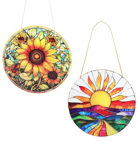 2 Atrapasueños para Ventana 20 x 20 cm, Sun Catcher Acrílico Colorido con Efecto Vidriera, Colgante Decoración para Ventana con Cadena y Ganchos para Jardín Balcón Salón Dormitorio