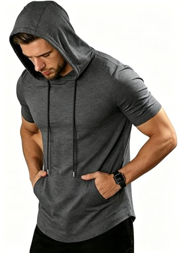ZITY T-Shirt de Sport Homme Manches Courtes Capuche Respirant Fitness et Course été Taille XL
