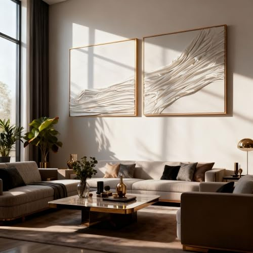 Artists' Handicraft, 3D Large Hand Painted Abstract Wall Art, Fabric Textured Artwork, Luxury Boho Modern Beige Wall Decor for Living Room Bedroom Hallway Office, Landscape, 30x30Inches x 2pcs