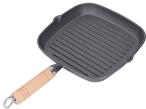 Tomedny Griglia per piano cottura, padella per bistecca in ghisa Piastra versatile con manico in legno, beccucci doppi e foro per appendere antiaderente per bistecca di pancetta e cipolla