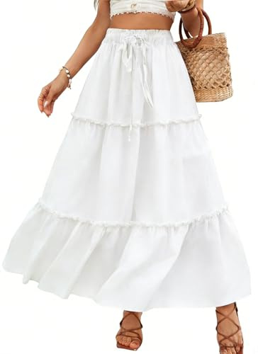 Vossmi Gonna Lunga Casual da Donna Gonne Donna Elegante Vita Alta Boho Floreale Skirt da Spiaggia A-Line Gonne Elastiche con Tasche Estiva